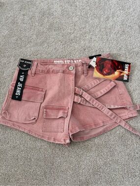 VIP Pink Cargo Denim Shorts with Double Waist Straps NWT